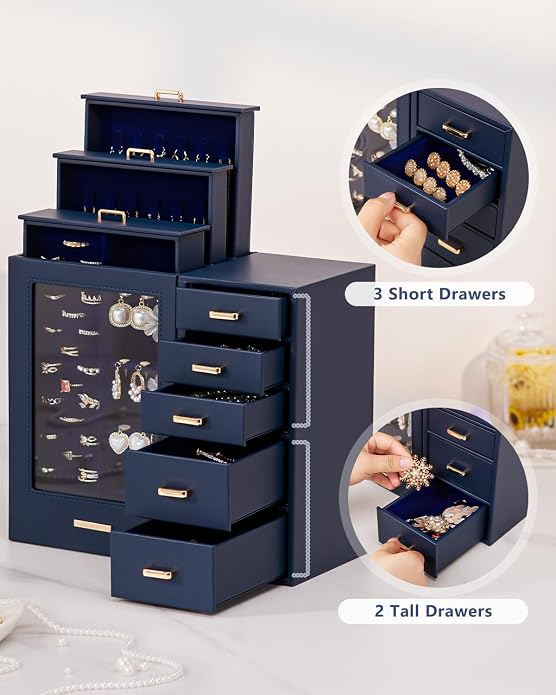 Homde Large Jewelry Box/Organizer/Case with Glass Window, Drawers for Necklaces Earrings Rings Bracelets Watches Gift for Women Girls - Image 4