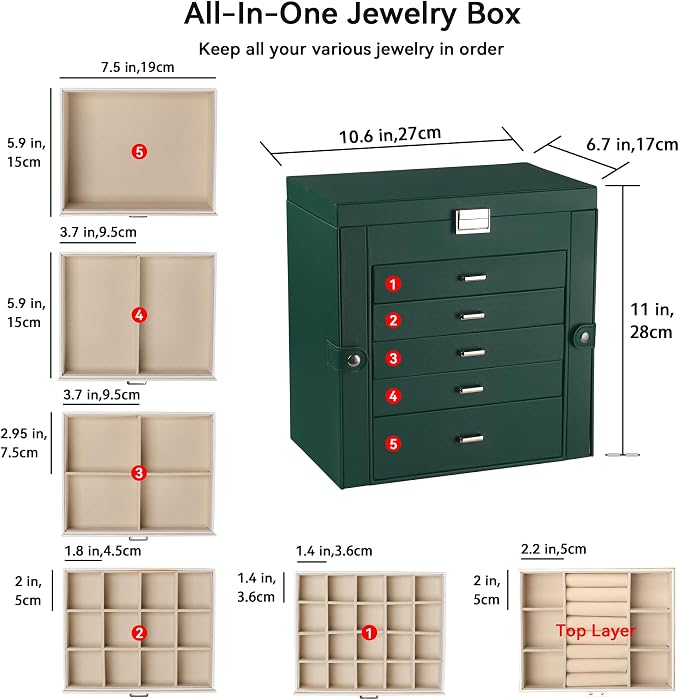 Frebeauty Large Jewelry Box,6-Tier PU Leather Jewelry Organizer,Multi-functional Storage Case with Mirror,Accessories Holder with 5 Drawers for Necklace Bracelets Watches(Blackish Green) - Image 3