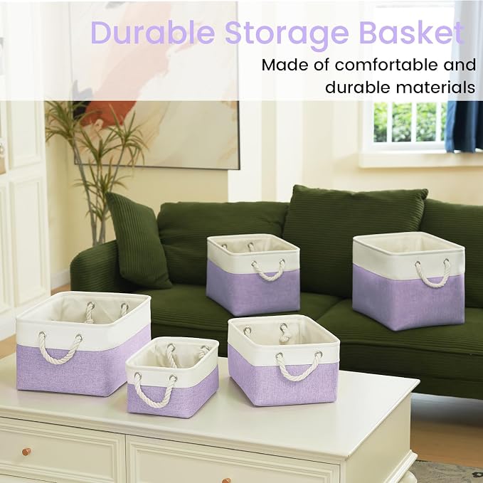 Large Storage Baskets- 16x12x12 inch Storage Bins for Shelves and Closet Organizing, Foldable Fabric Bin for Home Organization Clothes and Laundry (1-Pack, White&Purple) - Image 7