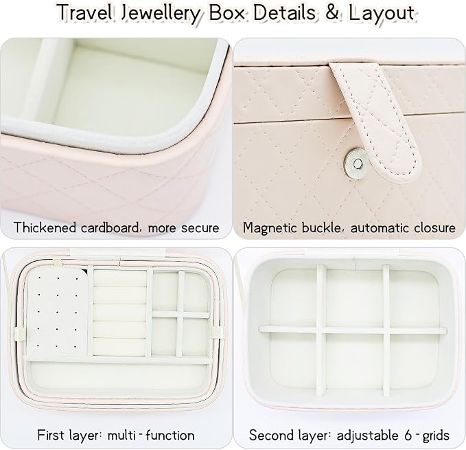 Jewelry Travel Case, 2-Layer Jewelry Box Organizer Medium Jewelry Travel Box, Portable Faux Leather Jewellery Storage Boxes with Argyle for Women, Daily Jewellery Case Home Use (Apricot beige) - Image 3