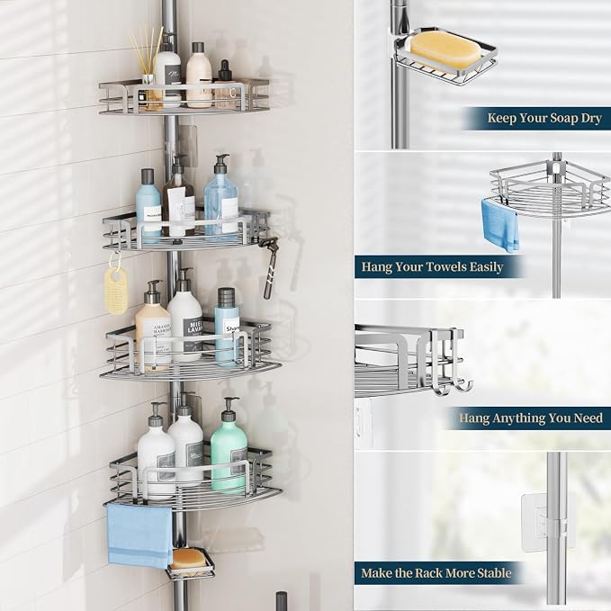 Consumest Corner Shower Caddy Tension Pole - Rustproof Shower Shelves with Towel Bar & Soap Holder, Adjustable Bath Organizer for Bathroom Storage, 27.6-108.3 inch, Silver - Image 5