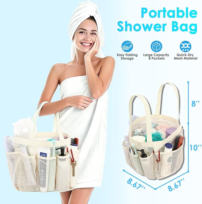 Fammart Mesh Shower Caddy Portable for College Dorm Room Essentials, 8-Pocket Large Shower Basket Tote Bag with 2 Handles for Toiletry, Bathroom, Beach, Camp, Gym - Image 2