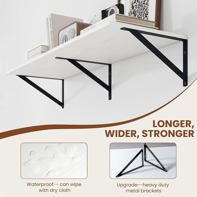 Heimlove White Deep Floating Shelves for Wall, 36W x 12D Wood Wall Shelves Set of 2, Wide Floating Bookshelf for Living Room, Kitchen, Office, Bedroom and Decor Storage, with Black Bracket - White - Image 5
