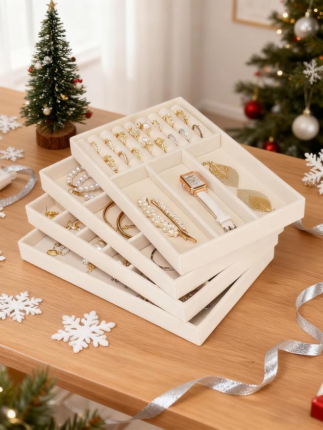 Cirhy Velvet Jewelry Drawer Organizer Trays – Stackable Jewelry Trays for Drawers, Set of 4 Jewelry Organizer for Drawer Inserts, Display Storage Box for Earrings, Rings, Necklaces, Bracelets - Image 2