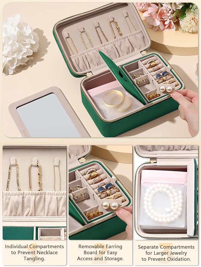 Velvet Travel Jewelry Box with Large Mirror, Double-Layer Jewelry Organizer Case for Women and Girls, Portable Storage Case with 6 Anti-Tarnish Bags Gift Ready for Her (Emerald Green) - Image 3