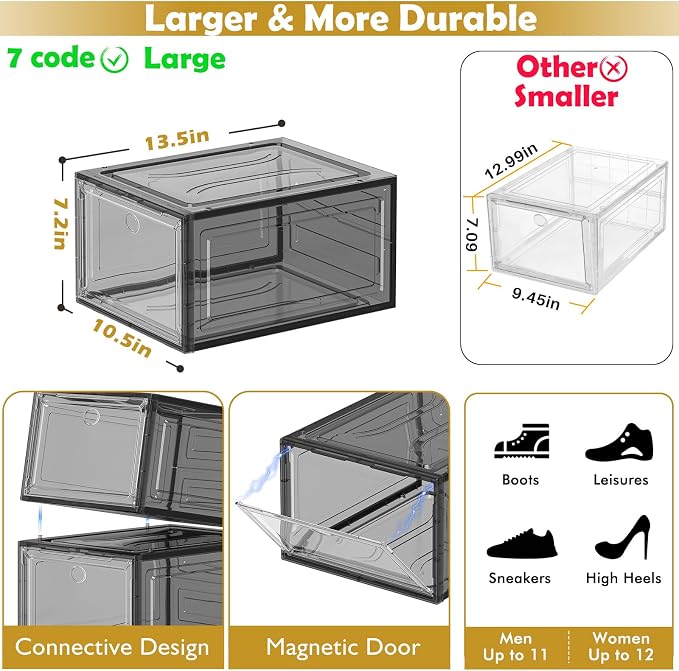 12 Pack Clear Shoe Storage Organizer with Magnetic Door, Stackable Plastic Shoe Boxes for Sneakers, Boots, and Heels, Space-Saving Foldable Shoe Rack for Closet, Durable Shoe Cabinet Organizer, Black - Image 3
