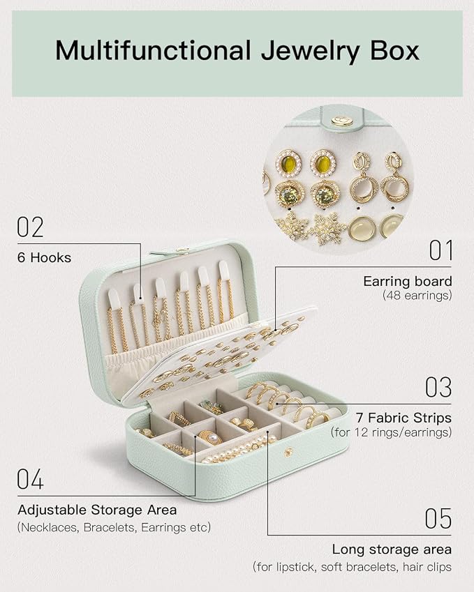 VLANDO Travel Jewelry Case for Women Girls Mothers, PU Leather Portable Small Jewelry Box for Rings, Necklaces, Bracelets, Earring Holder Organizer Storage for Travel, Bridesmaid Gifts - Mint Green - Image 4