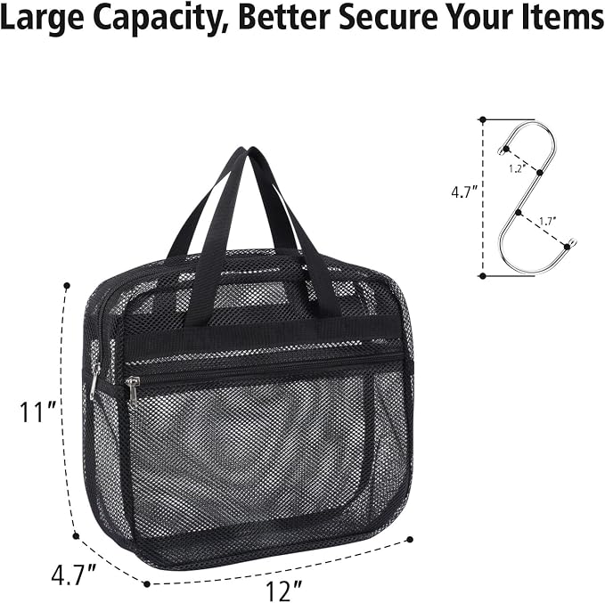 F-color Mesh Shower Caddy Portable with Zipper -Dorm Room Essentials for Guys Girls with S Hook, Shower Bag Basket Tote for College Camping Toiletry Bathroom, Black - Image 4