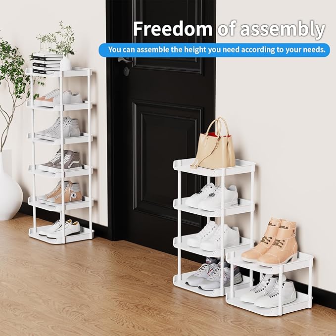 6 Tier Narrow Shoe Storage Rack, Compact Single Shoerack Stand for Slim Space, Stackable Tall Thin Show Tower, Solid Plastic Shelves, for Hallways, Kitchens, Bedrooms Tidy Organizer, White - Image 5