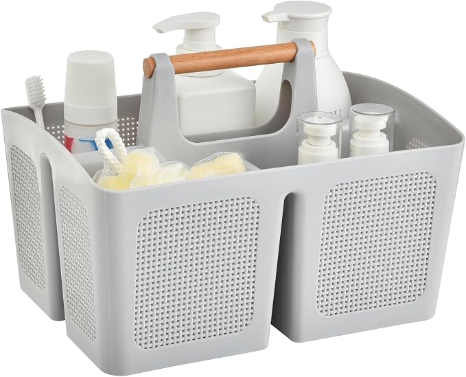 ALINK Portable Shower Caddy Basket with Compartments, Plastic Divided Cleaning Caddy Organizer Storage Tote with Handle for Bathroom, College, Dorm Room Essentials, Light Gray by ALINK