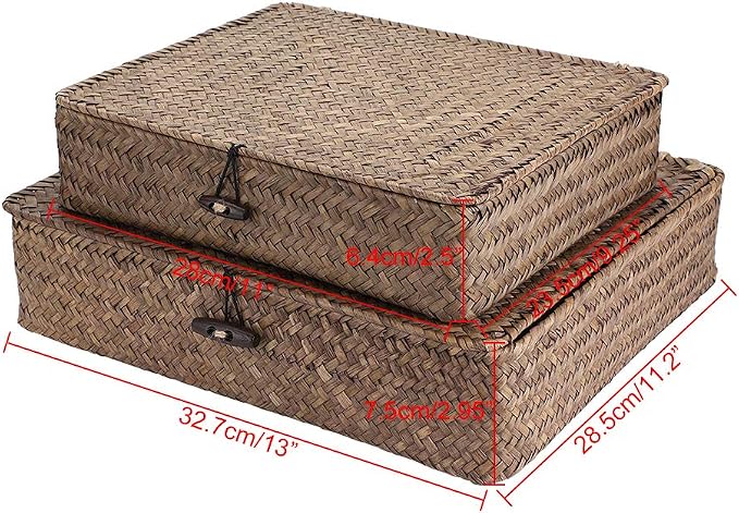 Hipiwe Set of 2 Flat Woven Wicker Storage Bins with Lid Natural Seagrass Basket Multipurpose Home Boxes for Shelf Organizer (Coffee) - Image 5