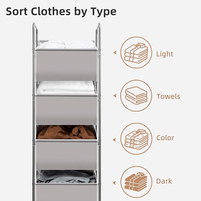 STORAGE MANIAC Vertical Rolling Laundry Hamper, 4 Section Laundry Sorter with Wheels and 2 Breaks, 4-tier Laundry Baskets for Small Space, Dorm, Laundry Room, Closet, Bathroom, Gray 4-tier - Image 5