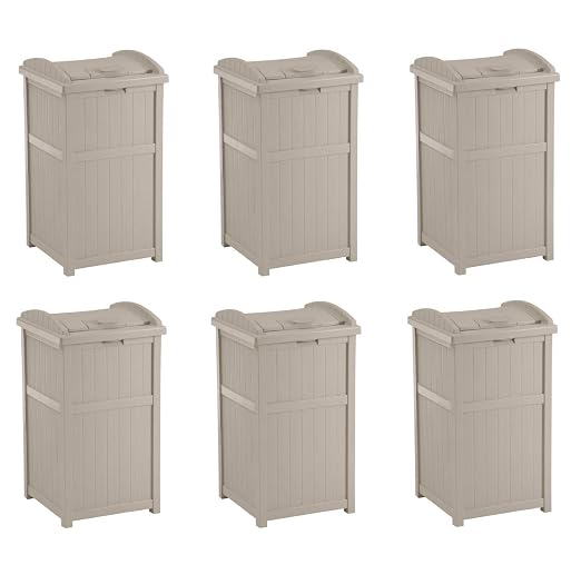 Suncast 6 Pack 15.75" x 16" x 31.6" Trash Hideaway 33 Gallon Resin Outdoor Commercial Garbage Container with Lid for Backyard, Deck, or Patio in Taupe by Suncast