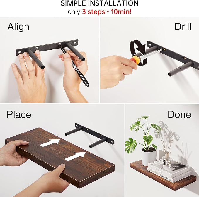 BAYKA Bathroom Floating Shelves for Wall Set of 3 - Rustic Brown Farmhouse Wood Shelves Over Toilet for Bedroom, Kitchen, or Living Room Decor Display, Storage for Plants, Toilet Paper or Bath Towels - Image 5