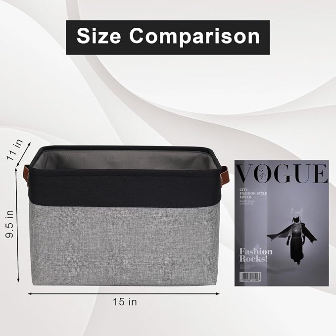 Bagnizer Storage Bins Large Fabric Storage Baskets for Shelves 3 Pack, Decorative Linen Closet Baskets with Handles for Organizing, Shelf, Clothes, Home, Office, 15x11x9.5Inches (Grey&Black) - Image 3