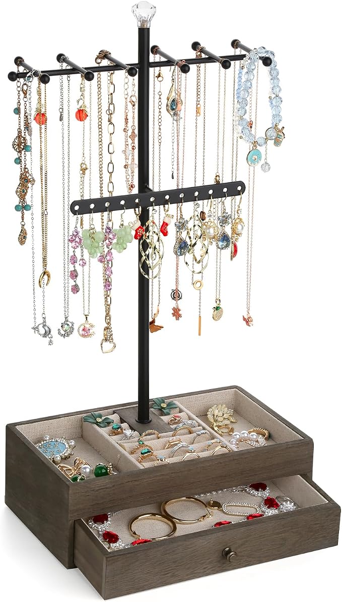 Meangood Jewelry Organizer Stand, 3-Tier Necklace Holder Jewelry Tree with Wooden Storage Drawer Box for Necklace Bracelet Earring Ring, Walnut - Image 2