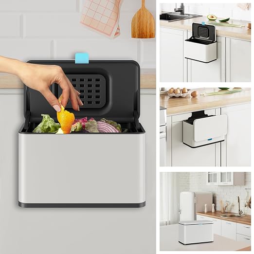 Stainless Steel Hanging Trash Can with Lid and Inner Bucket, 1 Gallon Kitchen Compost Bin for Counter Top, Under Sink or Wall Mount, Small Garbage Can for Cupboard/Bathroom/Bedroom/RV, White by LINSSEN