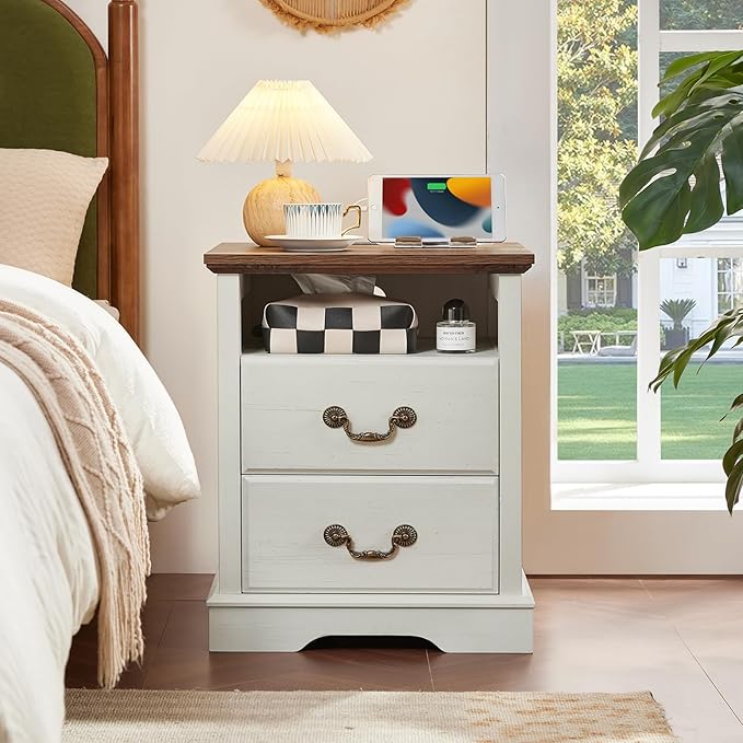 Farmhouse Dressers & Night Stand Set of 3,54" Wide 7 Drawer Dresser & 45" Tall Chest of Drawers, 18" Wide 2 Drawers End Table with Charging Station,Furniture Dresser Sets for Home,White