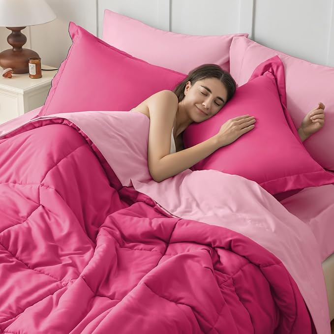 JOLLYVOGUE Full Comforter Set, Ultra-Soft Bed in a Bag Full Size 7 Pieces, Oeko-TEX Certified Bedding Set with Down Alternative Comforter, Sheets, Pillowcases & Shams, Hot Pink & Baby Pink