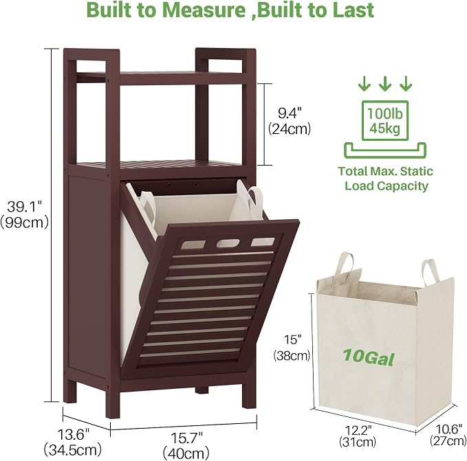 Homykic Tilt Out Laundry Hamper Cabinet, 10 Gal Bamboo Laundry Cabinet with Removable Basket, Hidden Hamper Organizer with Shelf for Dirty Clothes, Bathroom, Laundry Room, Space Saving, Espresso - Image 7