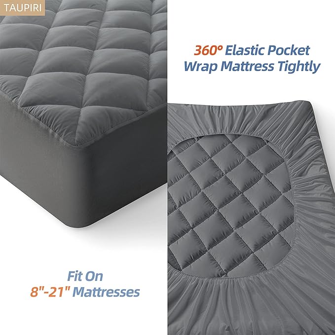 Taupiri King Quilted Mattress Pad Cover with Deep Pocket (8"-21"), Cooling Soft Pillowtop Mattress Cover, Dark Gray
