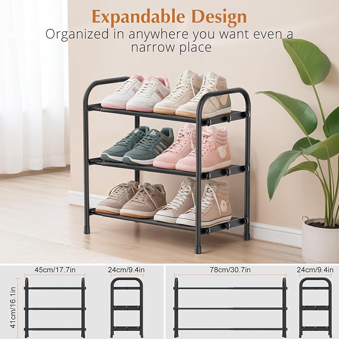 INSMART 3-Tier Expandable Shoe Rack, Stackable and Adjustable Shoes Organizer Storage Shelf, Sturdy and Durable Metal Structure Free Standing Shoe Rack for Closet Entryway Doorway - Image 3
