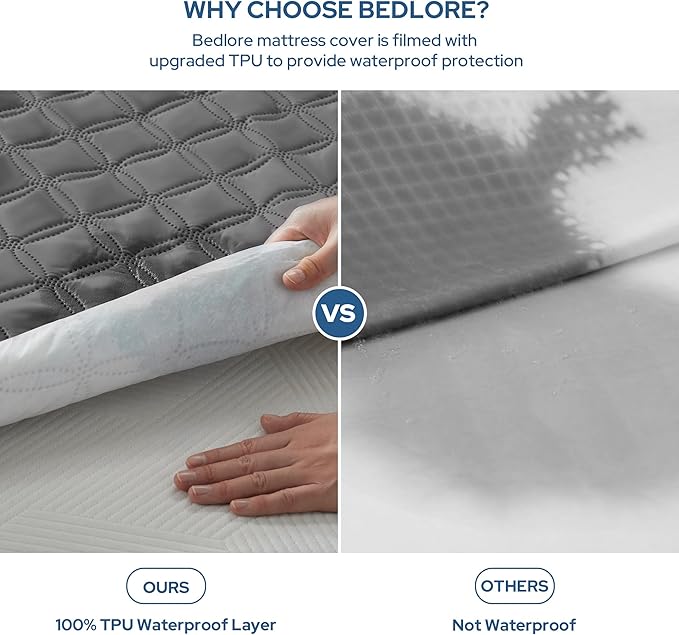 BEDLORE Waterproof Mattress Protector, Noiseless Queen Size Mattress Pad with Deep Pocket Fitted Up to 6"-18", Soft Breathable Dirt-Proof Bed Mattress Cover Washable Bedroom, Hotel (Gray)
