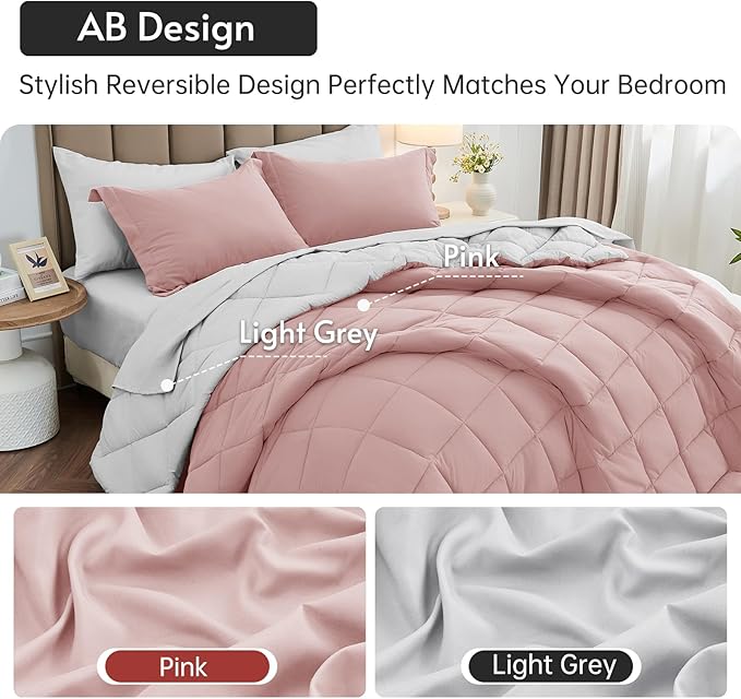 MUXHOMO 5 Pieces Twin Comforter Set, Reversible Bed in a Bag Twin Size, All Season Bedding Set with Comforter, Flat Sheet, Fitted Sheet, Pillowcases & Shams, Pink & Light Grey
