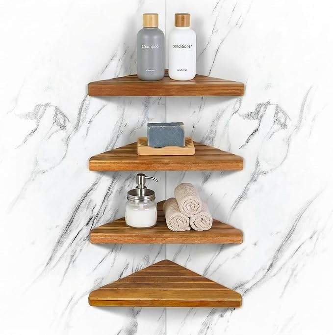 ENKEZI Acacia 2,3,4 Tiers Corner Shower Shelf, Triangular Corner Shelf Wooden Bathroom Shelf for Tiled Wall, Shower Corner Shelf, No Drilling Requied (4) by ENKEZIProducts