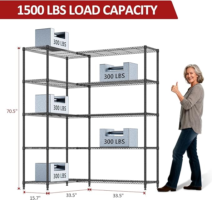 IZEUK Linked Storage Racks, DIY Adjustable Heavy Duty Metal Shelving Unit for Corner, Ideal for Kitchen, Garage, Warehouse, and Garden (Black, 15.7" D x 33.5" W x 70.5" H, 1433 lbs Capacity) - Image 3