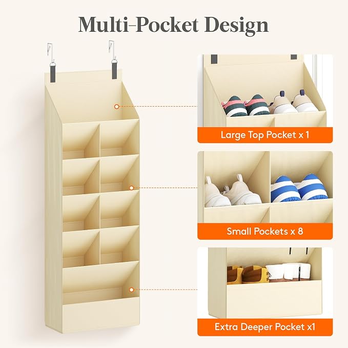 Lifewit 6 Tier Over the Door Shoe Organizer with 11 Large Deep Pockets, Fabric Hanging Shoes Shelf for Closet, Dorm Storage, Fit Up to 12 Pair Shoe Rack Holder for Sneakers, Boots, Beige - Image 6