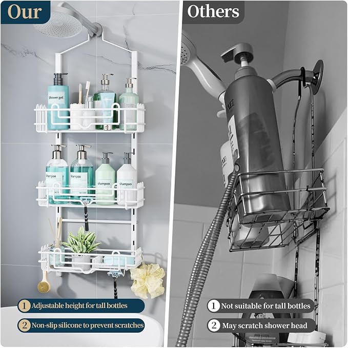 Consumest Shower Caddy Hanging – Rustproof Over Shower Head Hanger with Soap Holder and Hooks, Anti-Slip Shower Shelves for Storage, Bathroom Organizer for Apartment, Dorm, White - Image 7