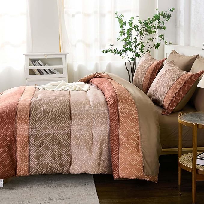 Dinjoy Red Brown King Size Comforter Set,Striped Boho Bed in a Bag King 7 Pieces Soft Fall Bedding Comforters Sets Microfiber Complete Bed Sets for All Season