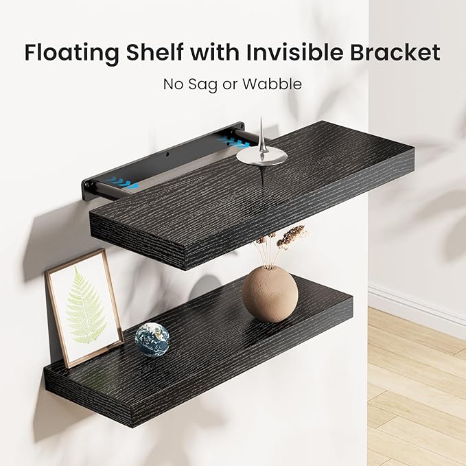 AMADA HOMEFURNISHING Floating Shelves Black, Wall Shelves with Invisible Brackets for Bedroom, Bathroom, Living Room, Kitchen, Set of 3 - AMFS07 - Image 4