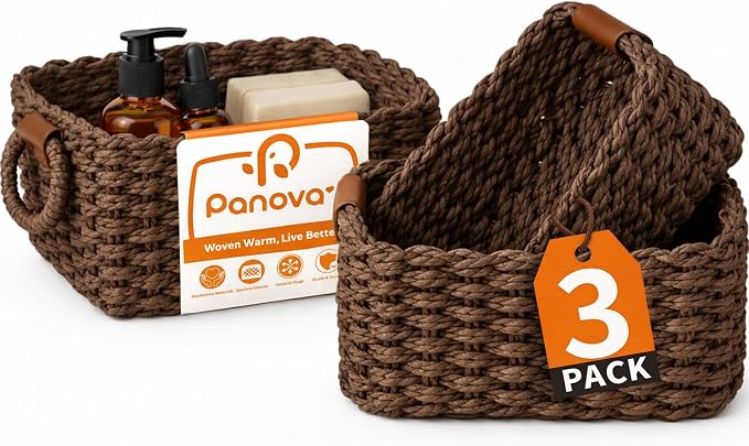 Storage Basket, Recycled Paper Rope Basket Organizer, 3Pcs Small Baskets for Organizing, Mini wicker Basket for Decorative Storage Bins, Shelves, Cabinet - Dark Brown by Panovox