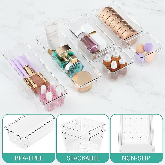 WOWBOX 6 Pack Clear Drawer Organizer Set, Acrylic Drawer Storage Trays, Storage Bins for Makeup, Cosmetics, Jewelries, Utensils, Gadgets, Office - Image 3