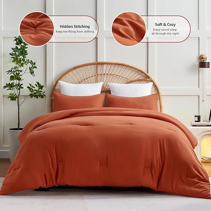 CozyLux Terracotta King Size Comforter Set, 3 Pieces Burnt Orange Rust Solid Breathable Quilted Bedding Sets, Luxury Fluffy Soft Bed Set with Down Alternative Comforter and 2 Pillowcases All Season