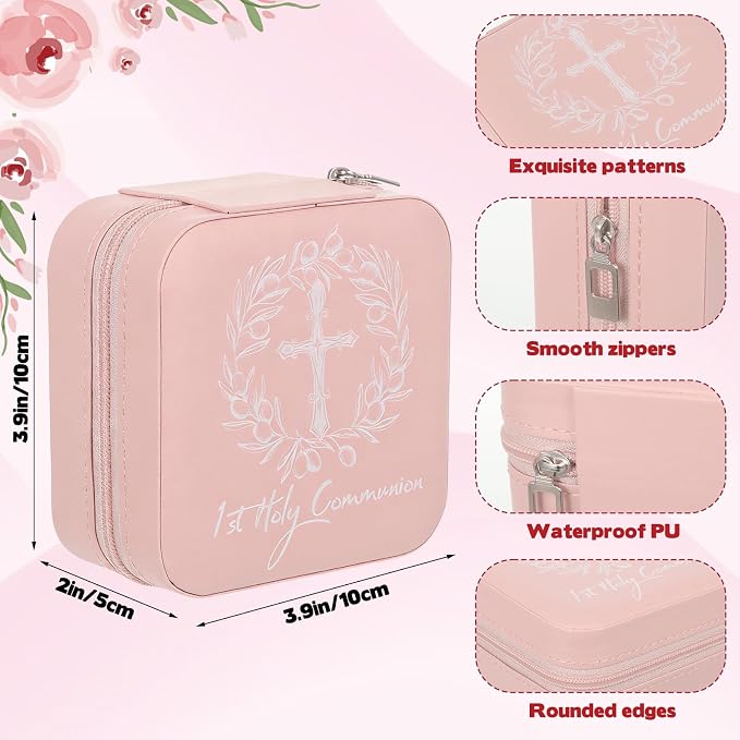 First Communion Travel Jewelry Box, Small Pink Case with Zipper & Soft Lining, Christian Keepsake Organizer for Rings Earrings Necklaces, Religious Keepsake Gift for Girls (1, Pink) - Image 3