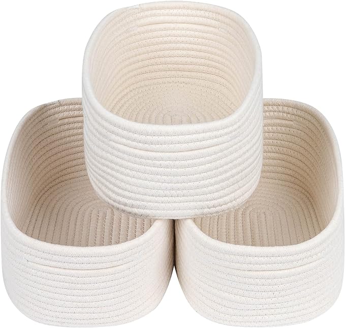 CubesLand Off White Small Storage Baskets for Shelves, Closet Organization Storage Bins Empty Gift Basket Baby Nursery Woven Baskets for Organizing, Rectangular Clothes Closet Shelves Baskets 3 Packs by CubesLand