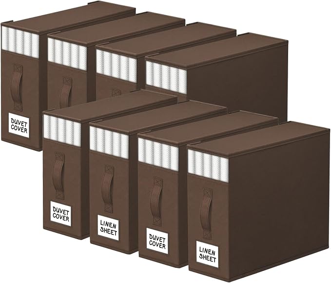 StorageTastic 8 Pack Bed Sheet Closet Organizers and Storage,Sturdy Foldable Storage Containers with Window and Label,Storage and Organization for Bedding Sheets,Duvet Covers,Blankets (Brown) by StorageTastic