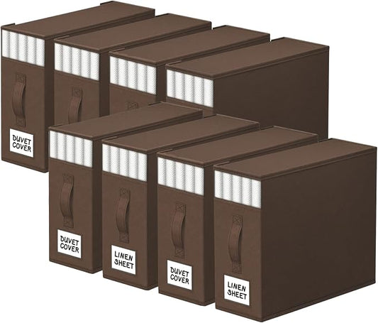 StorageTastic 8 Pack Bed Sheet Closet Organizers and Storage,Sturdy Foldable Storage Containers with Window and Label,Storage and Organization for Bedding Sheets,Duvet Covers,Blankets (Brown) by StorageTastic