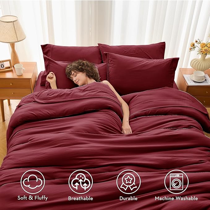 MUXHOMO 7 Pieces California King Comforter Set, Soft Bed in a Bag Cal King Size, All Season Bedding Set with Comforter, Flat Sheet, Fitted Sheet, Pillowcases & Shams, Burgundy Red