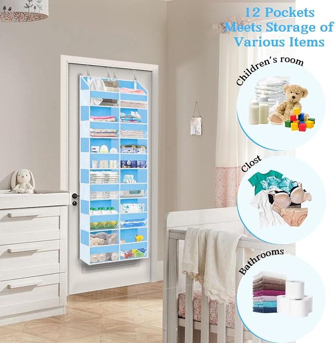Over The Door Organizer 6 Tiers, Extra Large Behind Door Storage of 12 Compartments, 80 lbs Weight Capacity Hanging Storage Organizer with Clear Window Kids Toys,Shoes,Diapers,Room Storage,Blue - Image 6