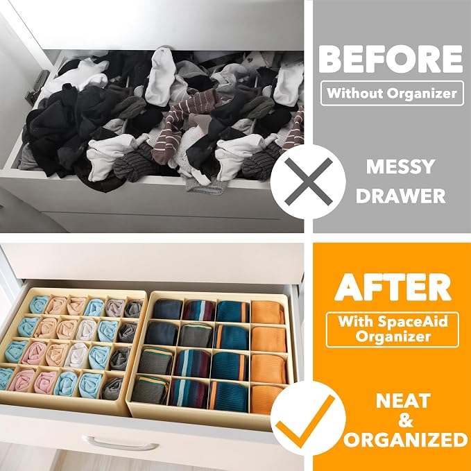 SpaceAid Sock Drawer Organizer Divider 3 Pack, 64 Cell Dresser Closet Nursery Underwear Organizers Storage Bins for Organizing Socks Underwear Ties Belts (Beige) - Image 2