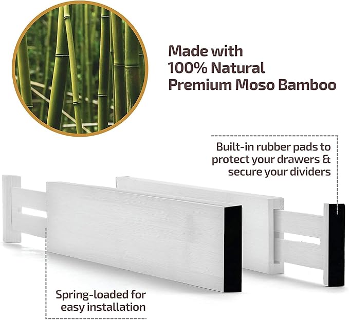 4-Pack Drawer Dividers - 2.6 Inches High, Adjustable 16 to 22 Inches Bamboo Drawer Organizer, Large Expandable Separator for Clothes, Dresser, Bedroom, Bathroom, Baby, Office, Kitchen Utensils, White - Image 9