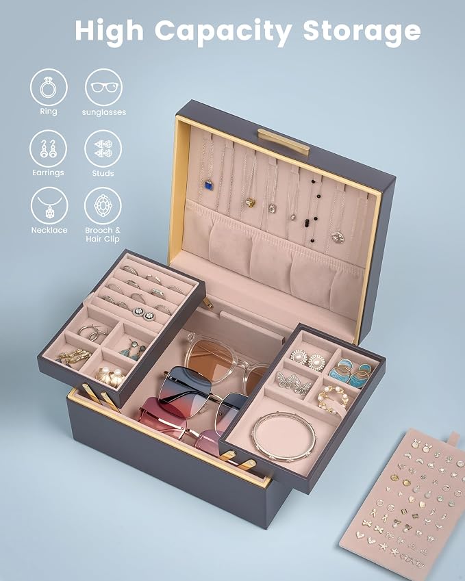 Lolalet Jewelry Box Organizer for Women Girls, 2 Layer Jewelry Organizers and Storage for Necklace Earrings Rings Bracelets, Large Jewellery Holder Case Birthday Valentine Gifts -Charcoal gray - Image 3