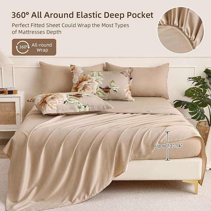 Drucon Floral Comforter Set Queen Size 7 Pieces Bed in a Bag, Khaki Floral Bedding Set, Soft Microfiber Comforter and Sheet Set for All Season (Queen, 90"x90")