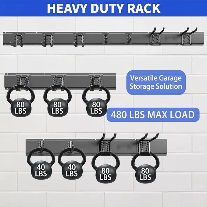 Garden Tool Organizer Wall Mount, 48inch Heavy Duty Garden Tool organizer Storage System, Easy Install With 7 Adjustable Hooks, For Garage, Basement, Shed, Workshop(Black) - Image 3