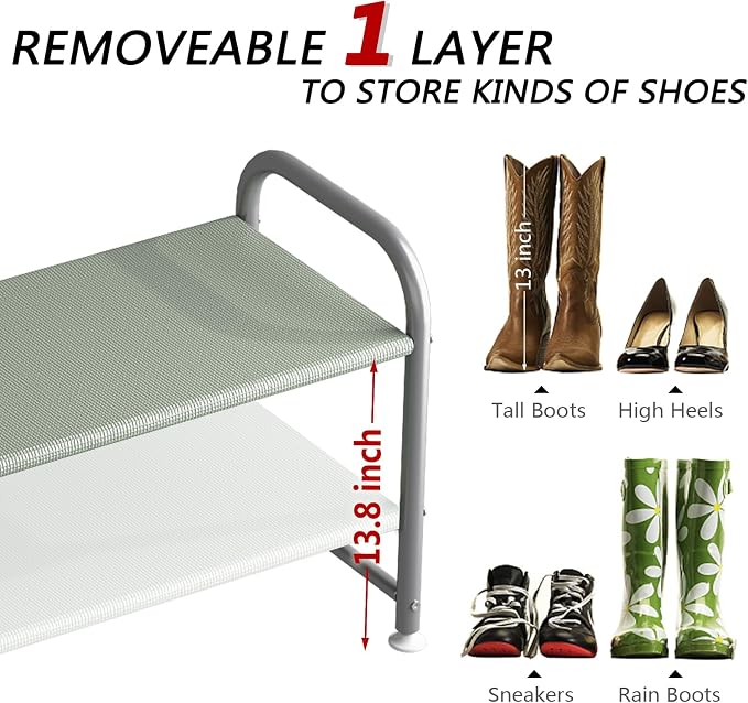 INGIORDAR Shoe Rack 2 Tier Long Storage Organizer Wide Metal Shoe Shelf for Closet Entryway Grey - Image 5
