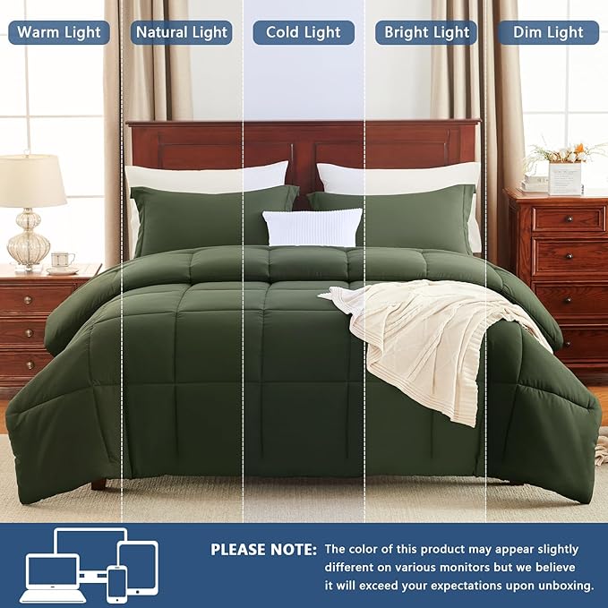 CozyLux King Comforter Set - Olive Green Comforter King Size, 3 Pieces Box Stitched Bed Set for All Seasons, Soft Lightweight Bedding Sets with 1 Down Alternative Comforter and 2 Pillow Shams